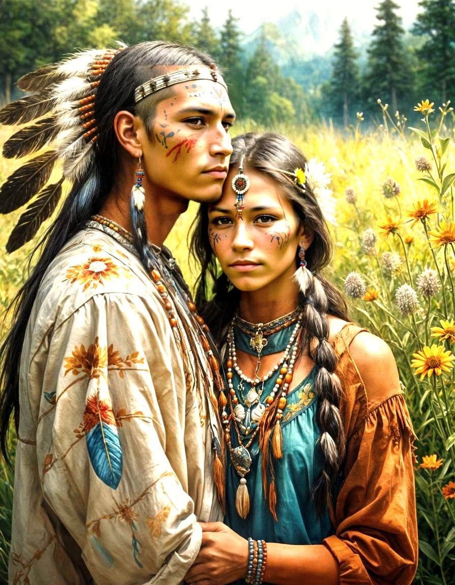 Stunning Native American Couple in Traditional Attire amidst...