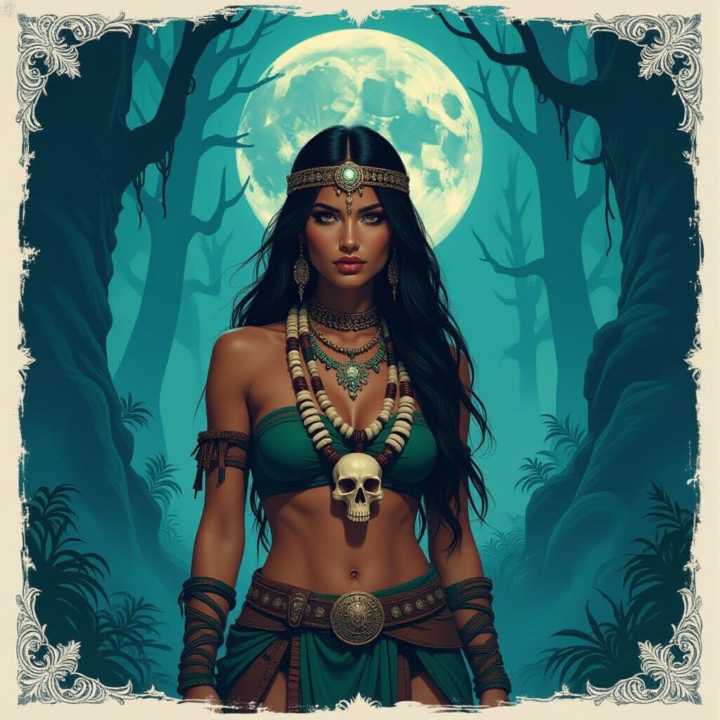 Tribal Woman in Moonlit Forest with Bone Necklace