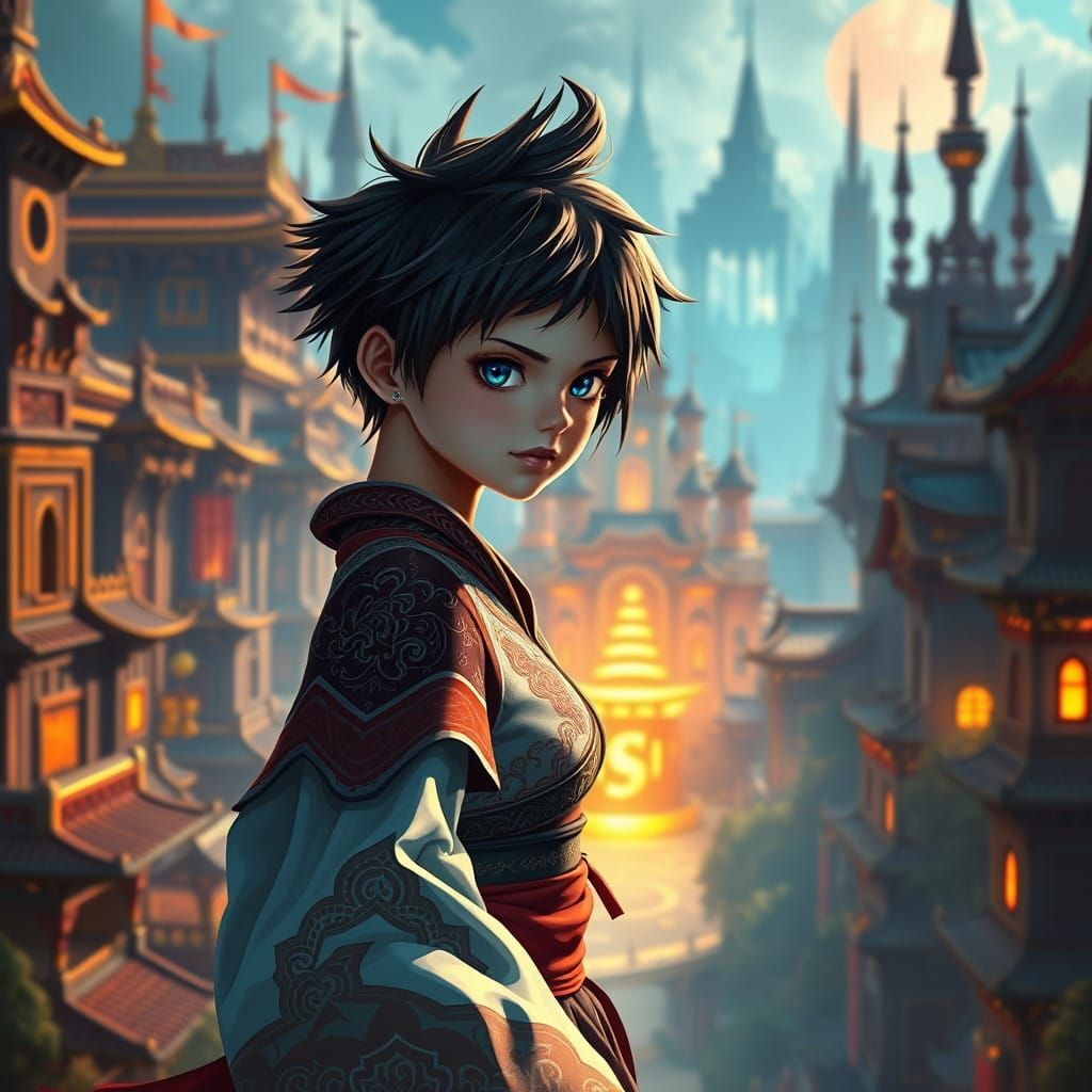 Heroic Anime Warrior in Dreamlike Cityscape