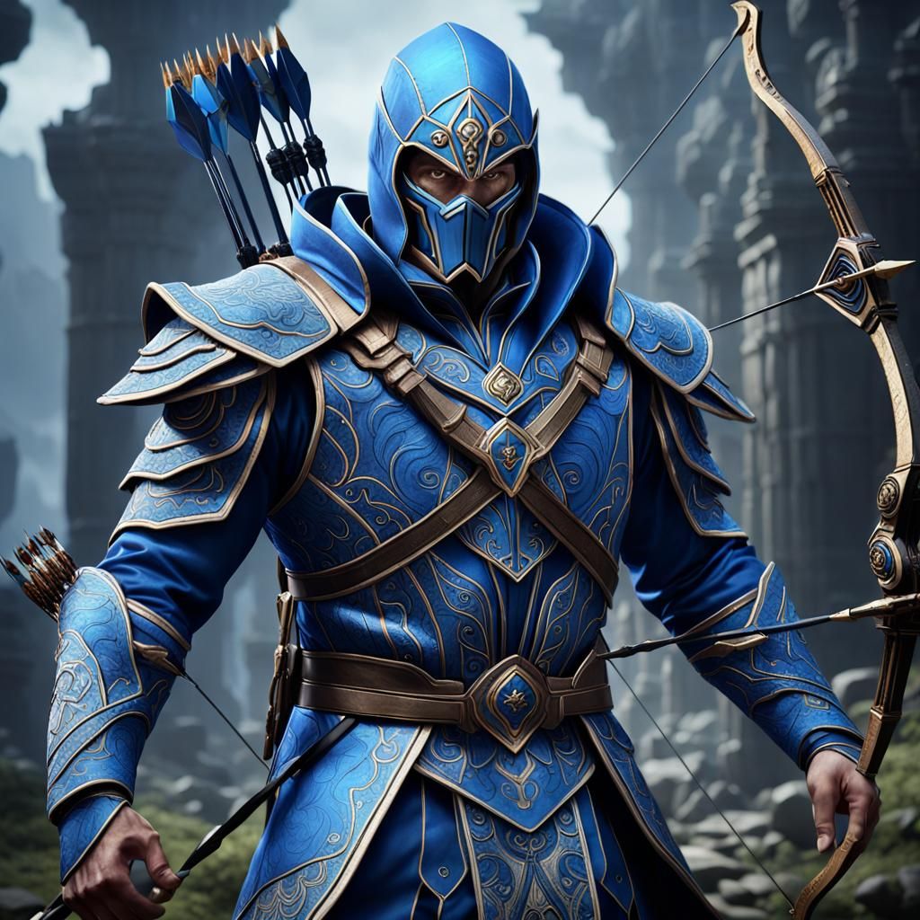 Man in Blue Suit with Bow and Arrow