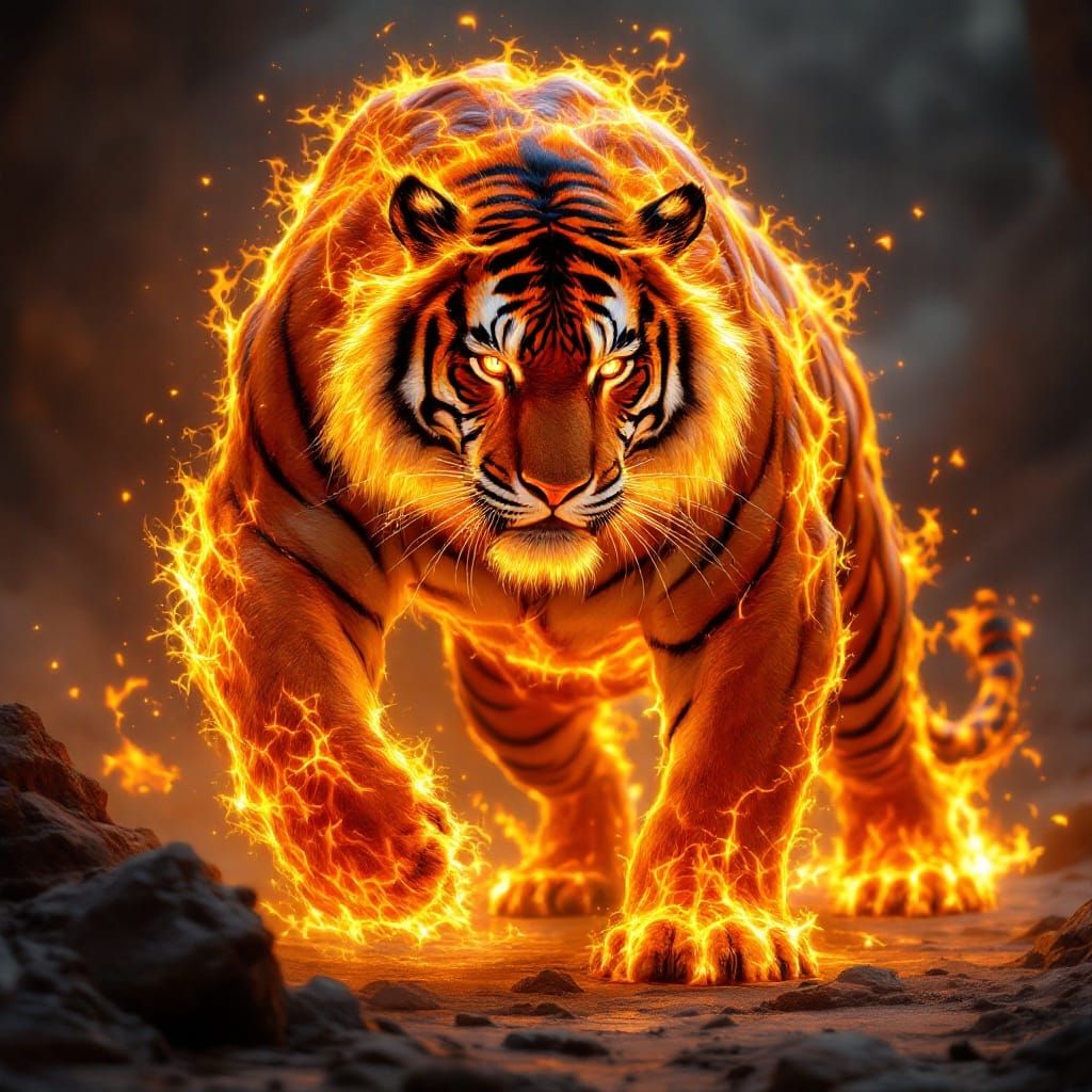 Fullbody Overmusculated flaming tiger