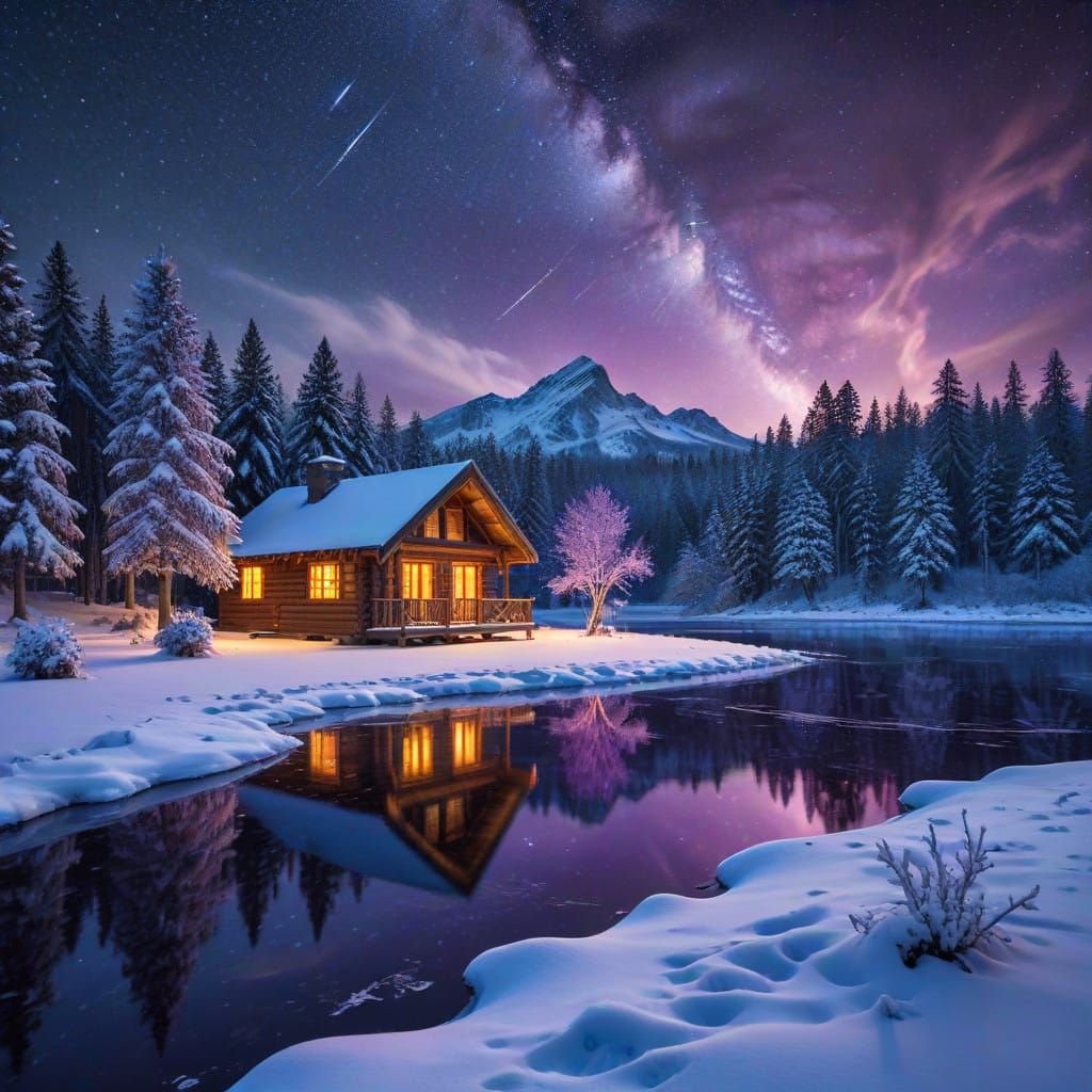 Winter Wonderland Nightscape Under Starry Christmas Eve Sky