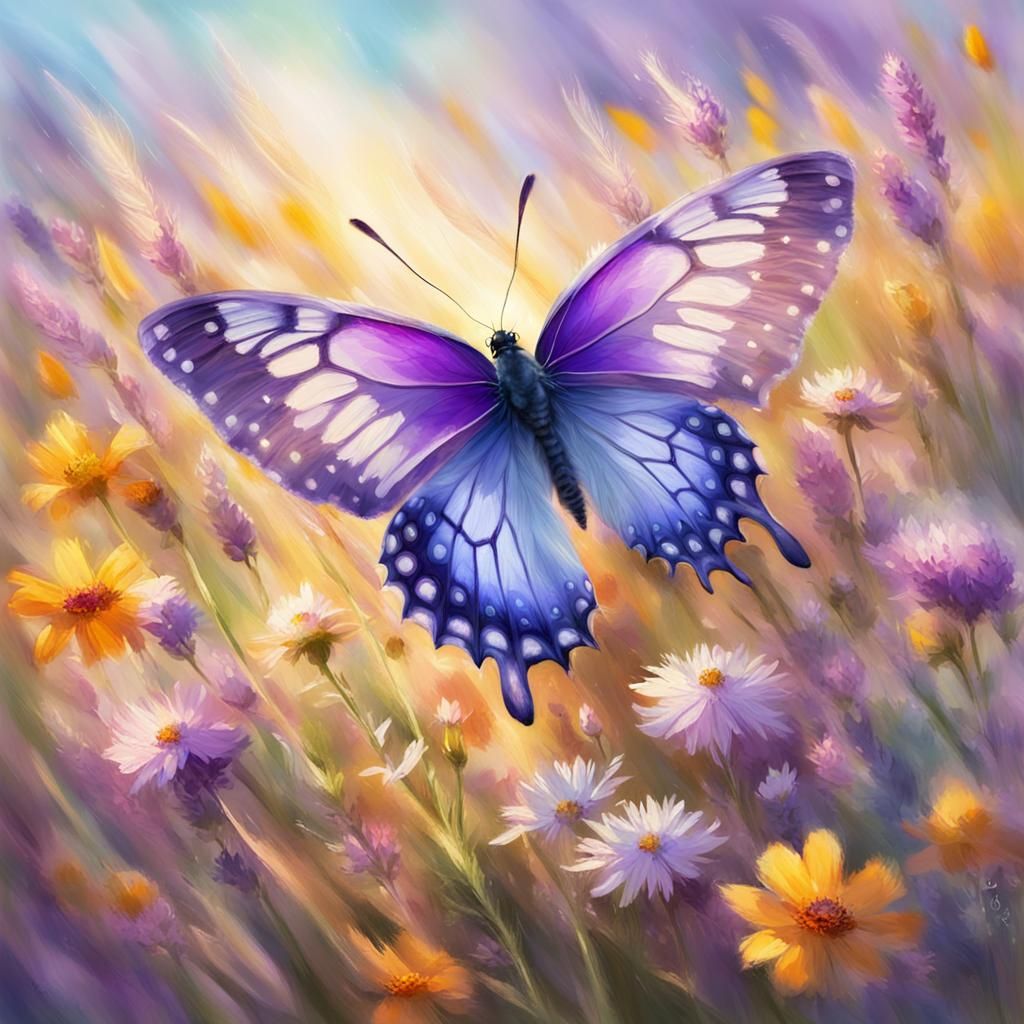 Purple Butterfly in Sunny Meadow, Impressionism