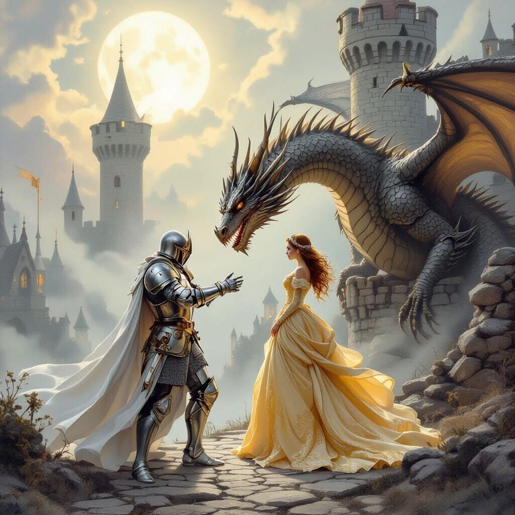 Knight Rescues Princess from Dragon in Ethereal Fantasy Scen...