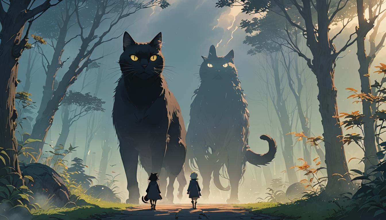 Black Cat and Ghost in Anime Style
