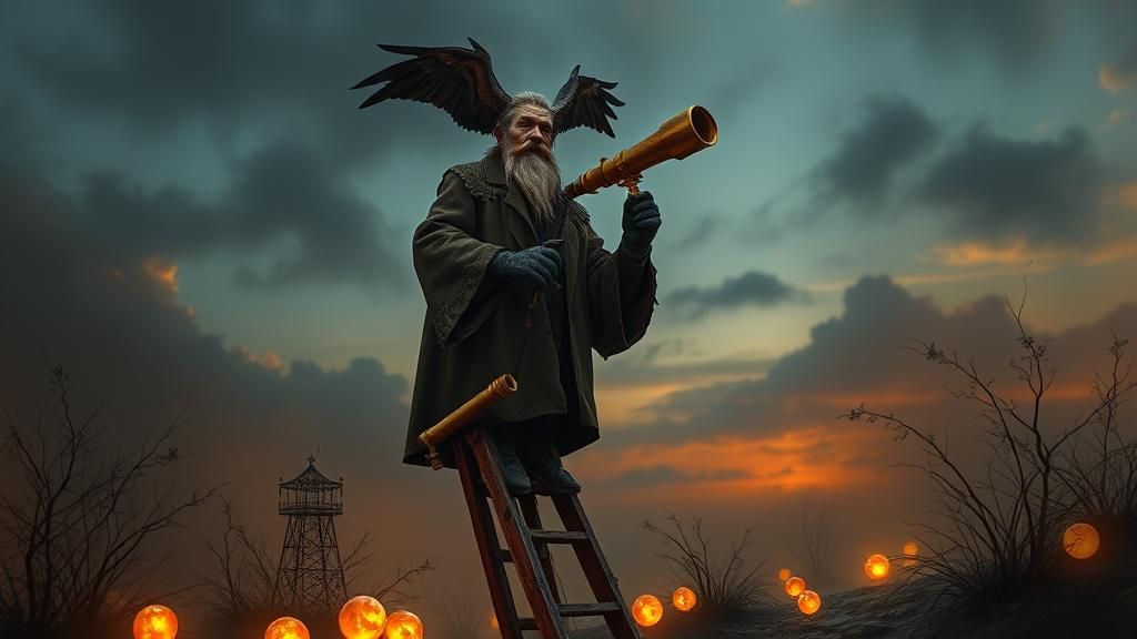 Mystic with Vultures and Telescope in Surreal Twilight