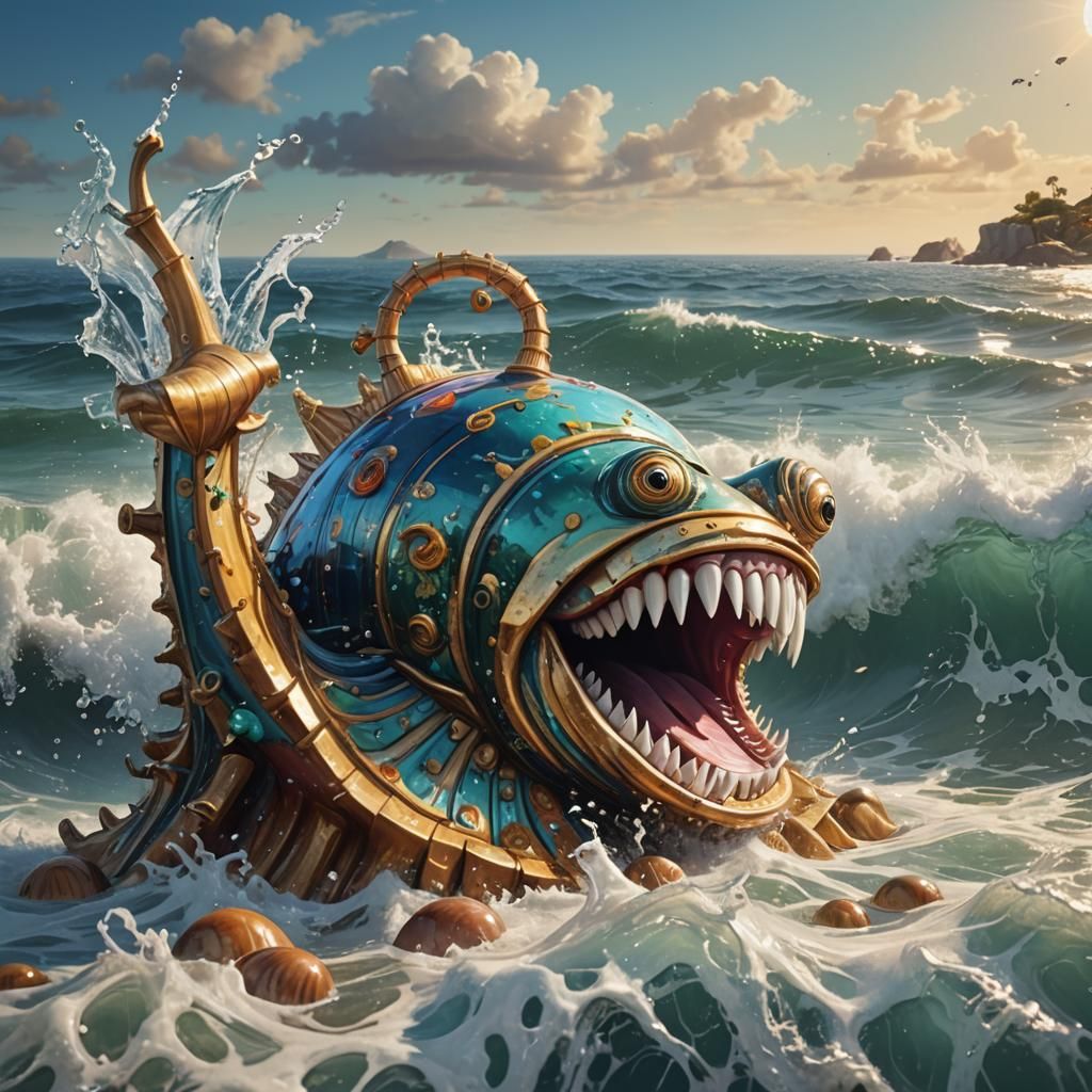 Piano Teeth Mouth and Quartz Snail in Hyperreal Sea