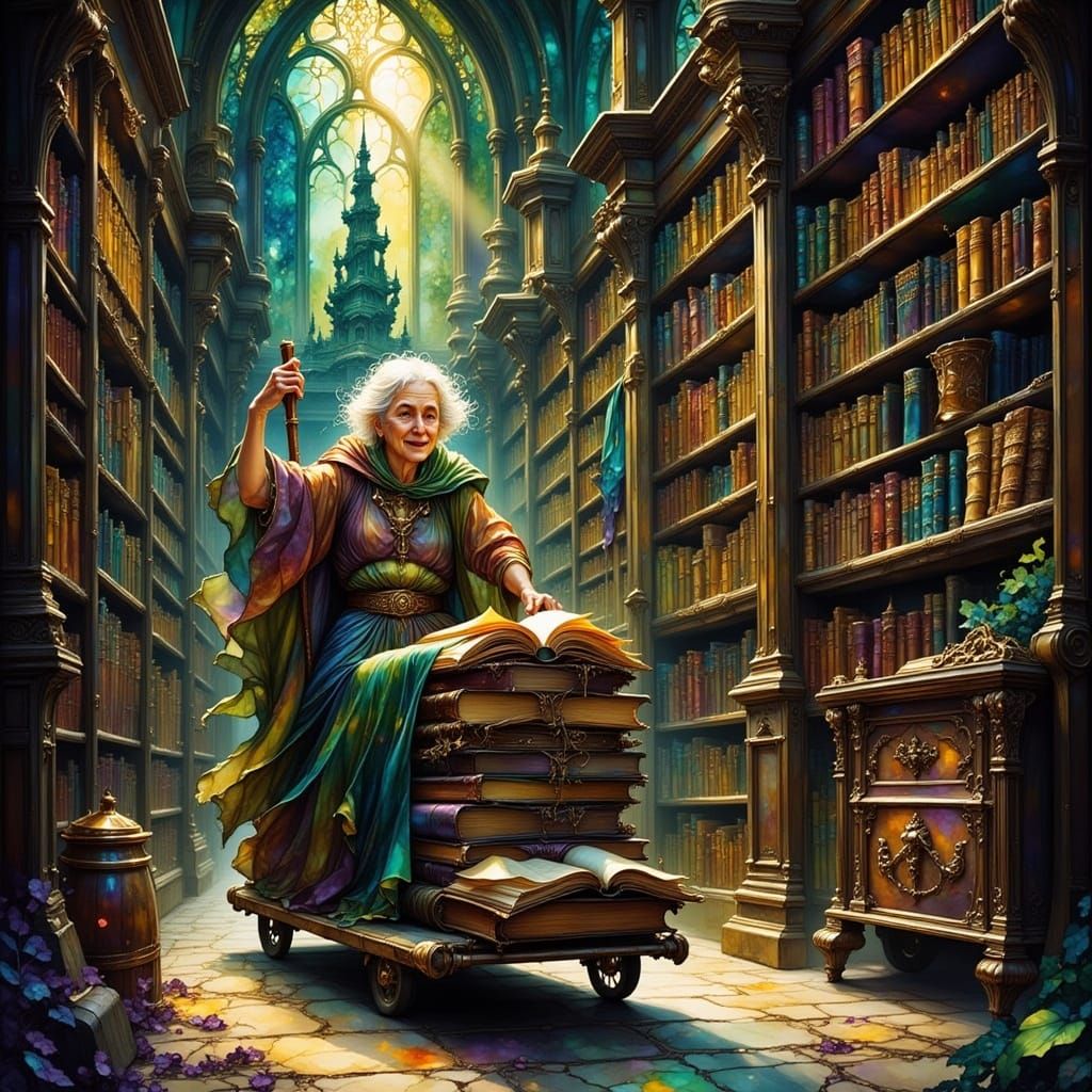 Elderly Librarian Levites Spell Book in Fantastical Oil Pain...