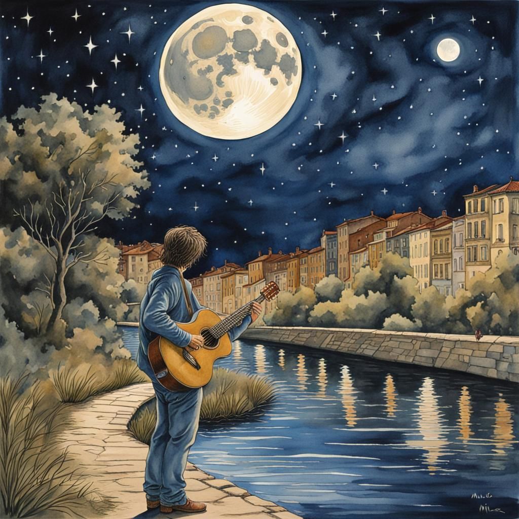 Moonlit Guitarist: A Watercolor Masterpiece