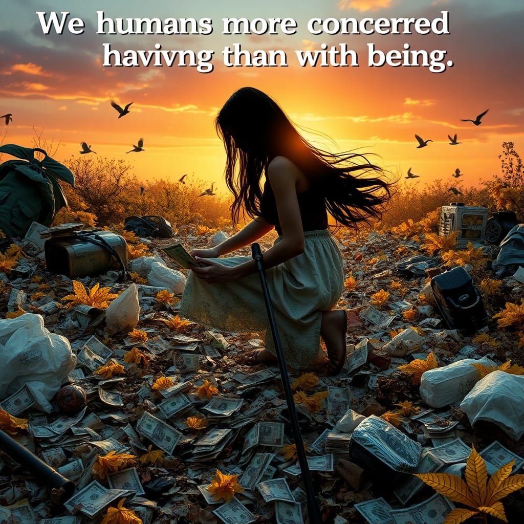 Serene Sunset: Woman Cleans a Garbage Collage