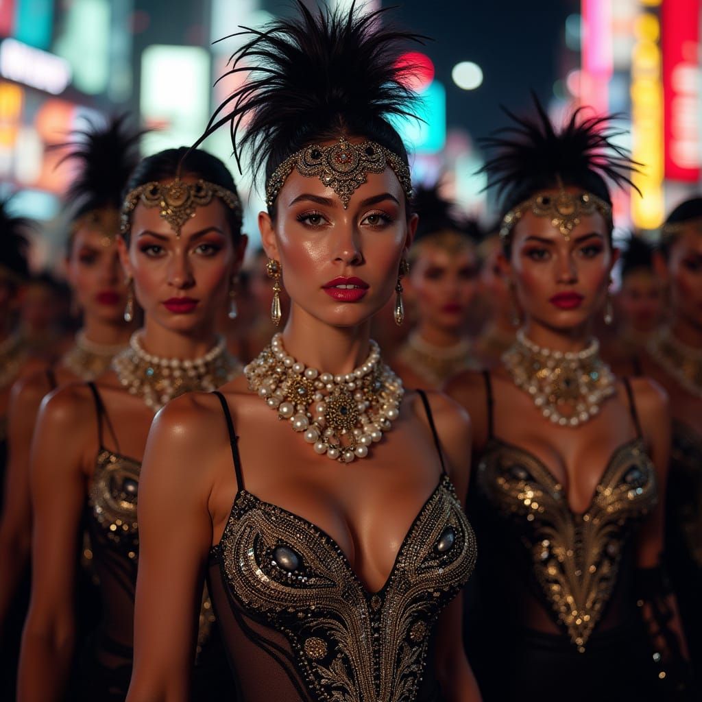 Glamorous Showgirls in a Neon Cityscape
