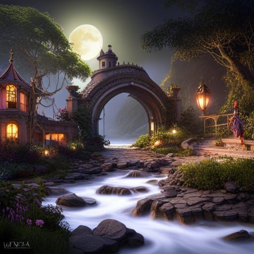 Fairies in a Moonlit Fantasy Landscape