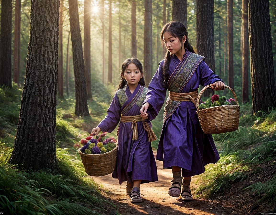 Tibetan Girl Picking Pinecones in Dreamlike Forest