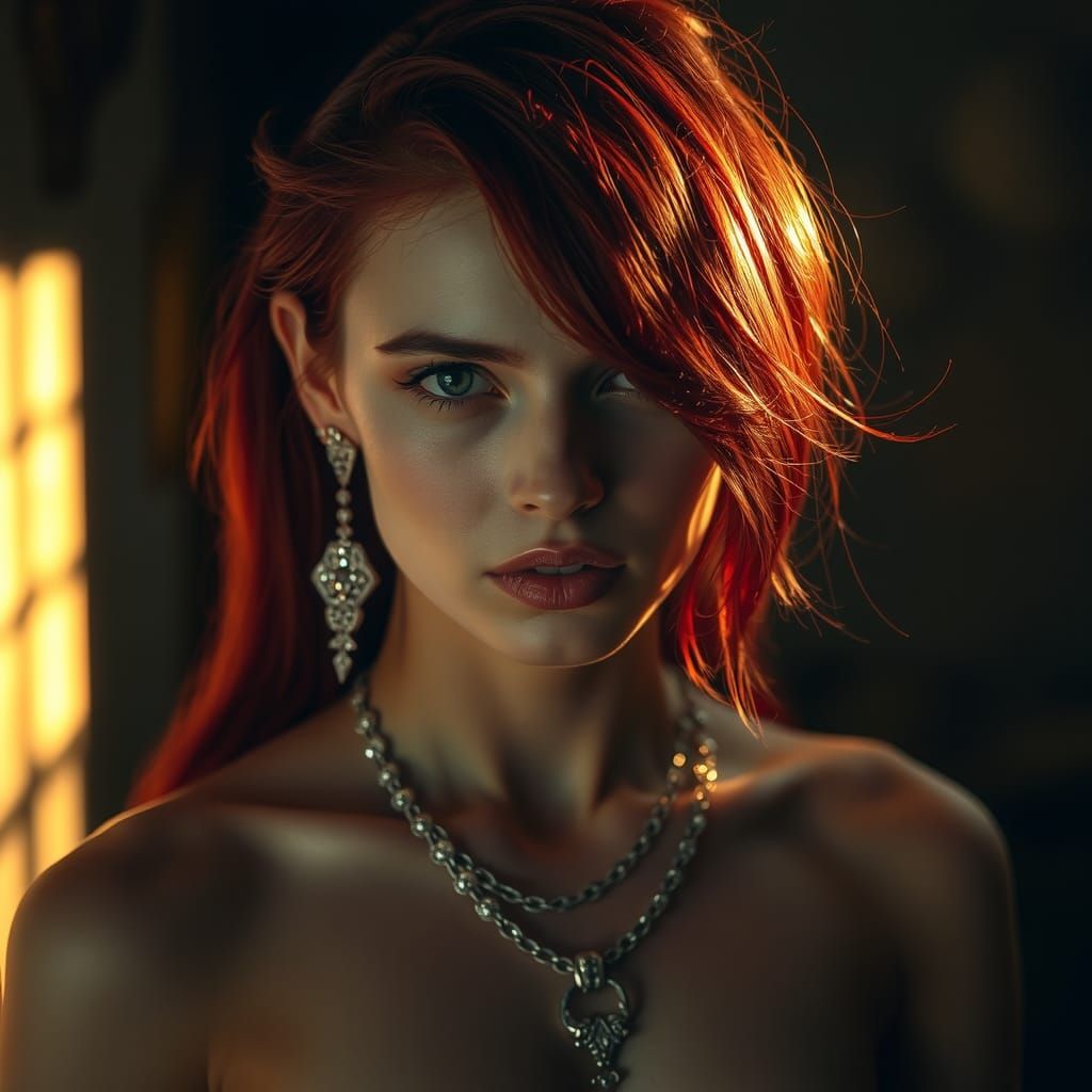 Crimson Haired Woman in Gothic Jewelry