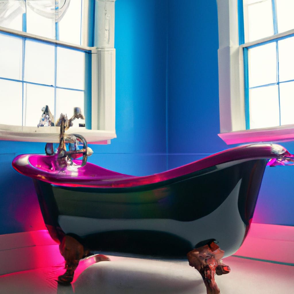 Magenta Claw Foot Tub in Blue Bathroom
