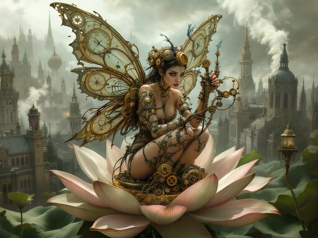 Steampunk Fairy with Clockwork Wings in Victorian Cityscape