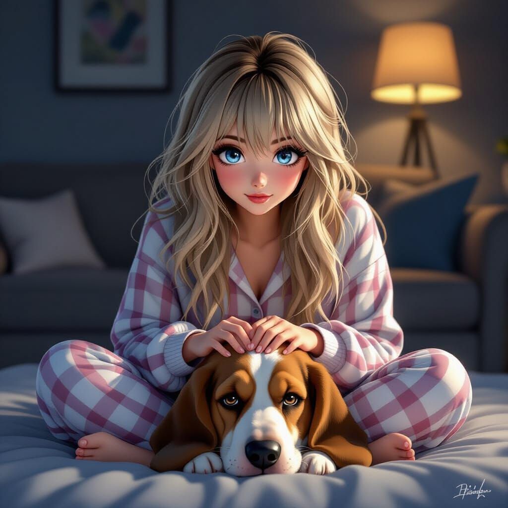 Woman Petting Basset Hound in Space