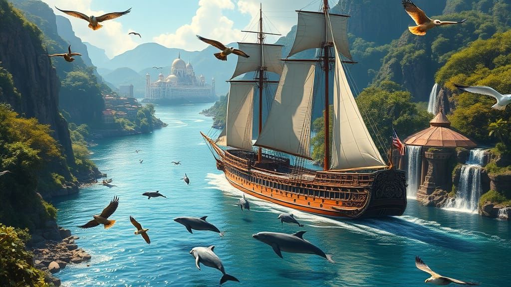 Luxurious Sailing Ship Glides Along Crystal-Clear River with...