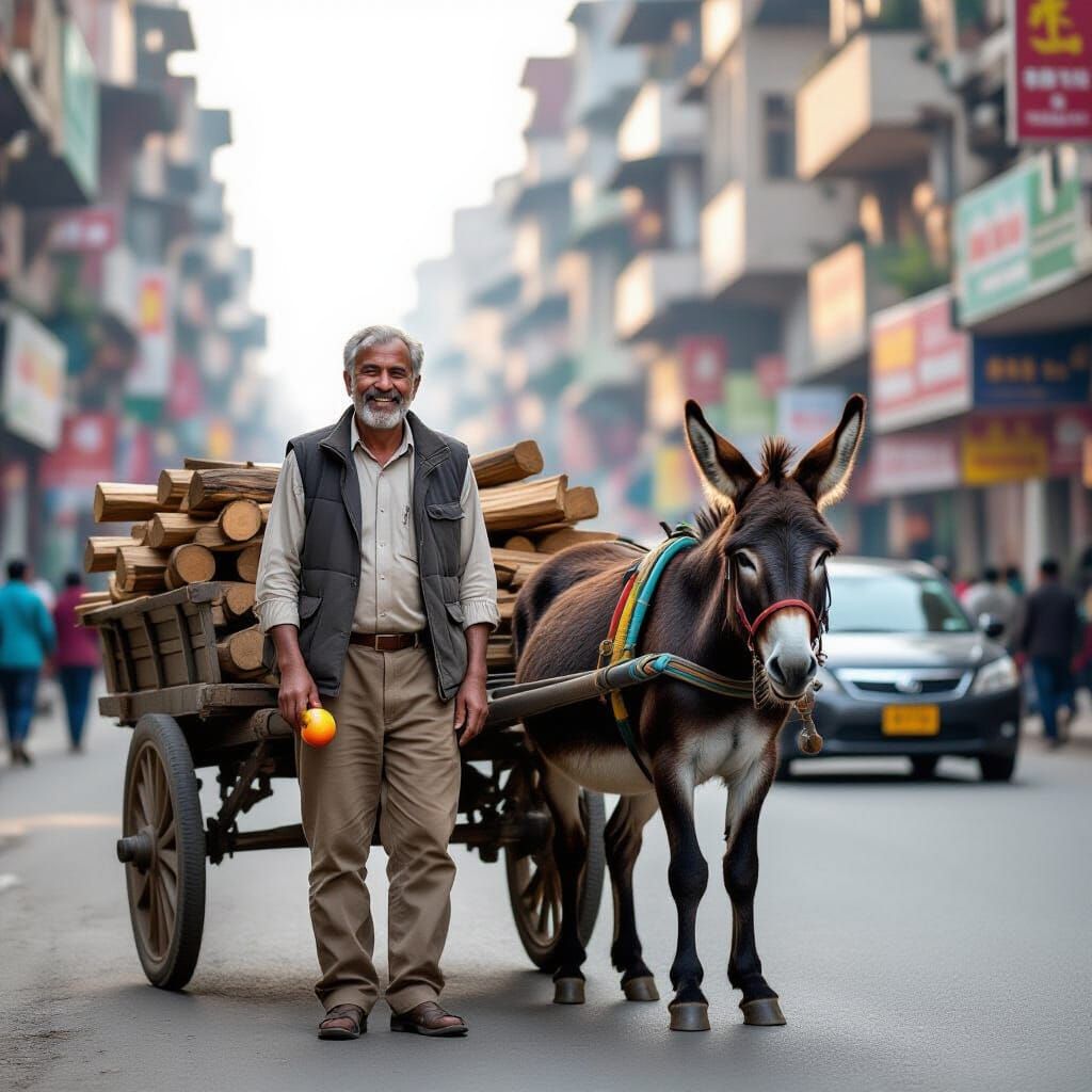 Joyful Man with Donkey Cart Amidst Busy City Life