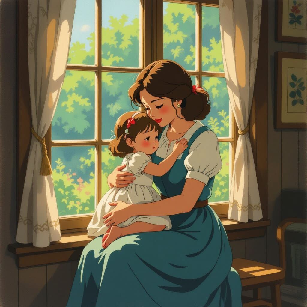 Mother and Daughter Embrace in Window, Illustrative Style