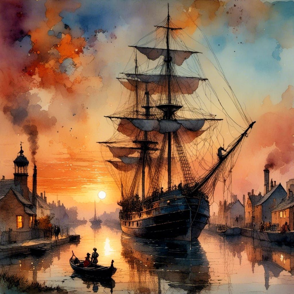 Ghostly Ship Navigates River at Sunset