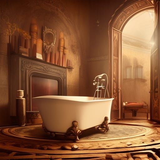 Old Gold Bathtub with Wine, Matte Painting