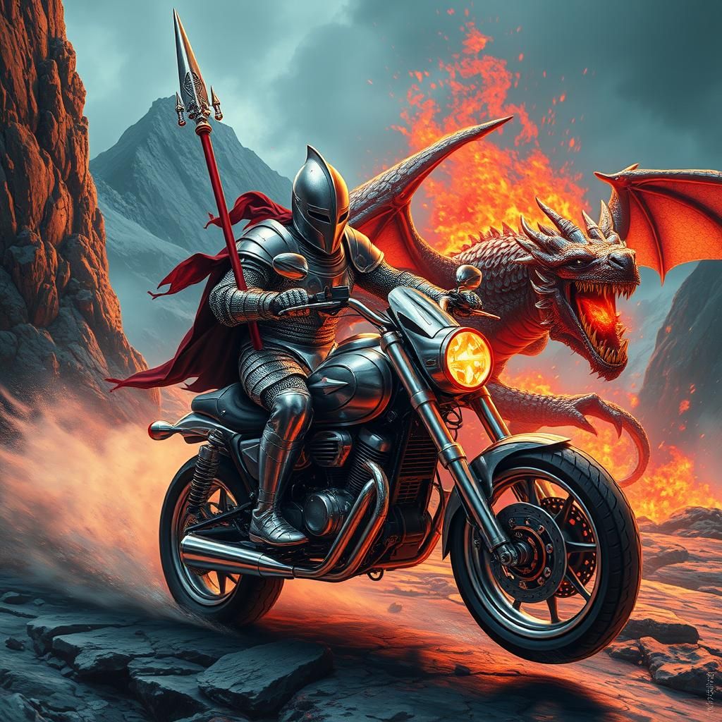 Knight on Motorbike vs Dragon in Cyberpunk Style