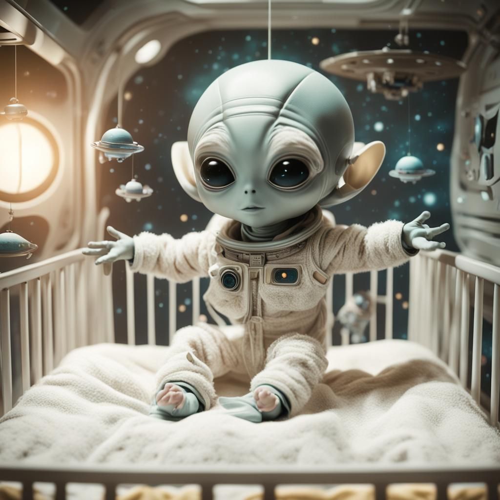 Baby Alien in Spaceship Crib: A Cinematic Still
