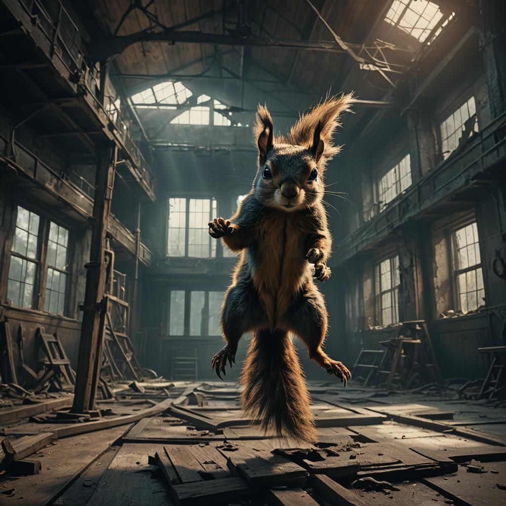 Squirrel Gymnast in Dark Surrealist Style