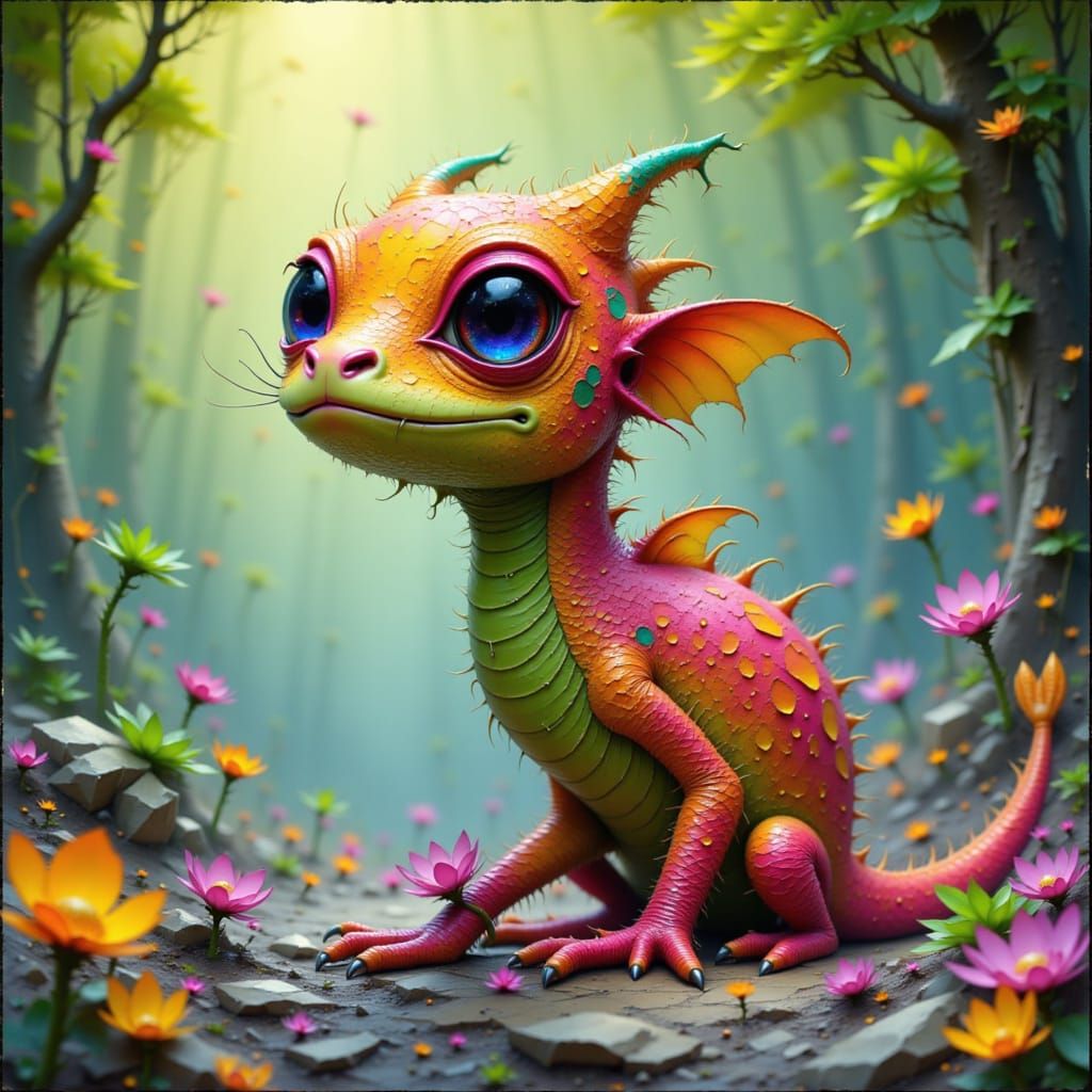 Whimsical Rambutan-Dragon Hybrid in a Fantastical Environmen...