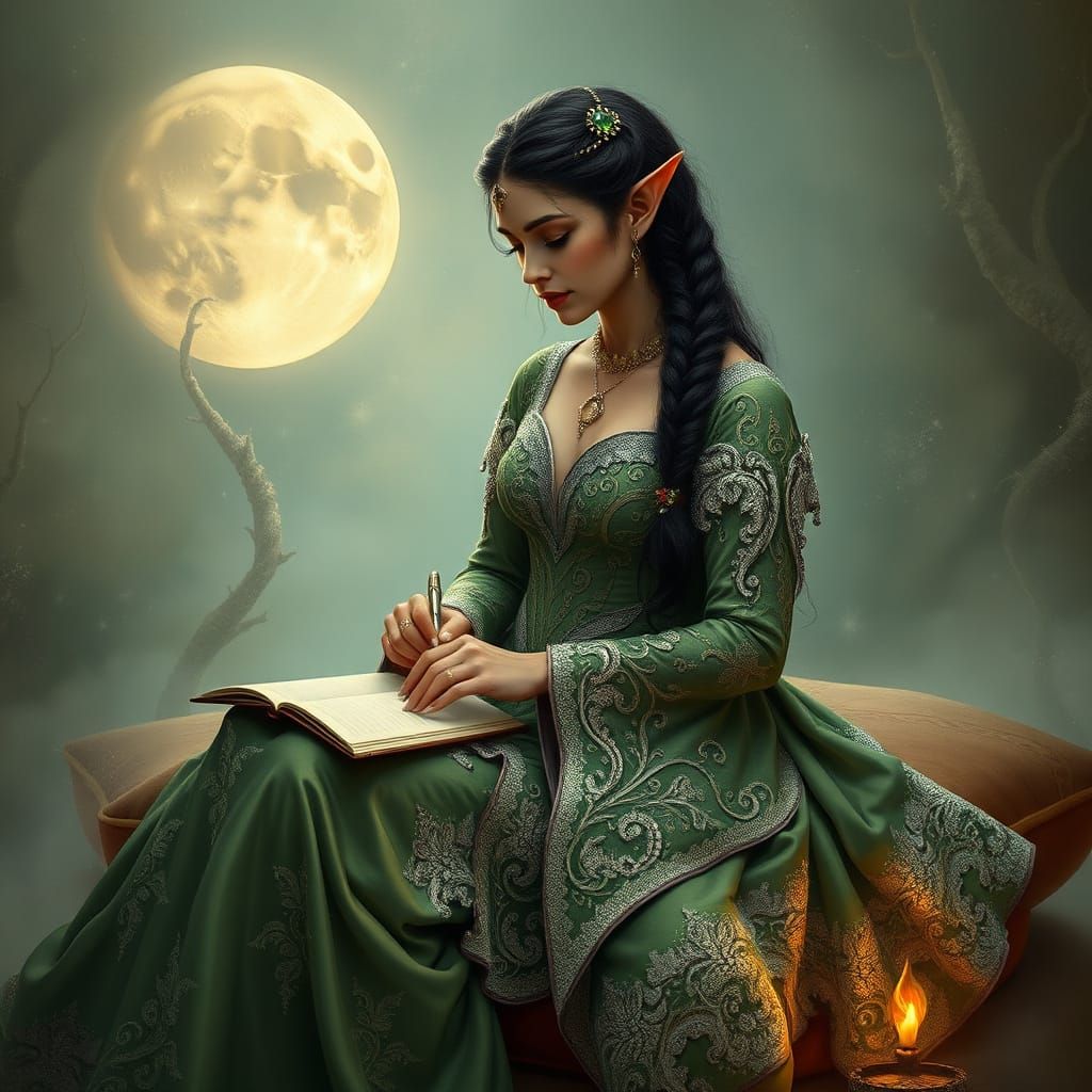 Ethereal Elf Queen in Green and Silver Gown