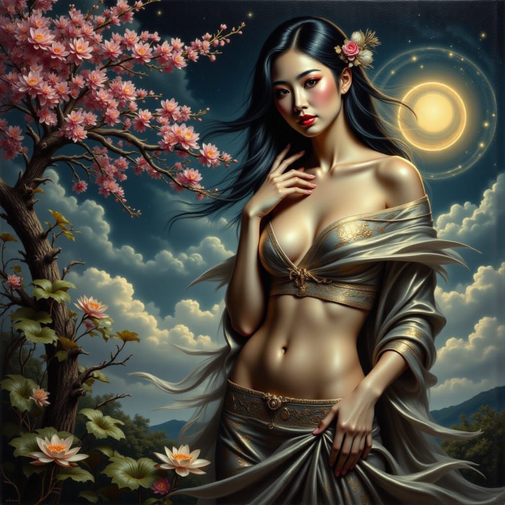 Ethereal Japanese Goddess in Dark Fantasy Realm