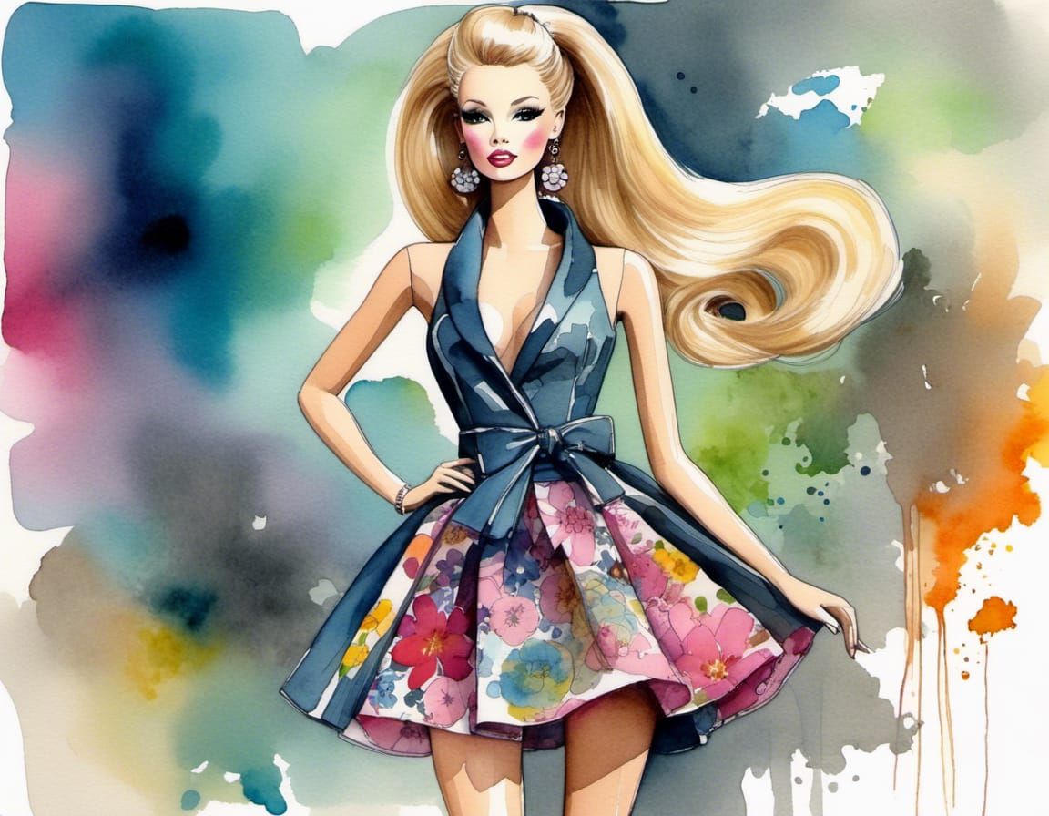Gyaru Paper Doll in Tokyo: Abstract Watercolor Art