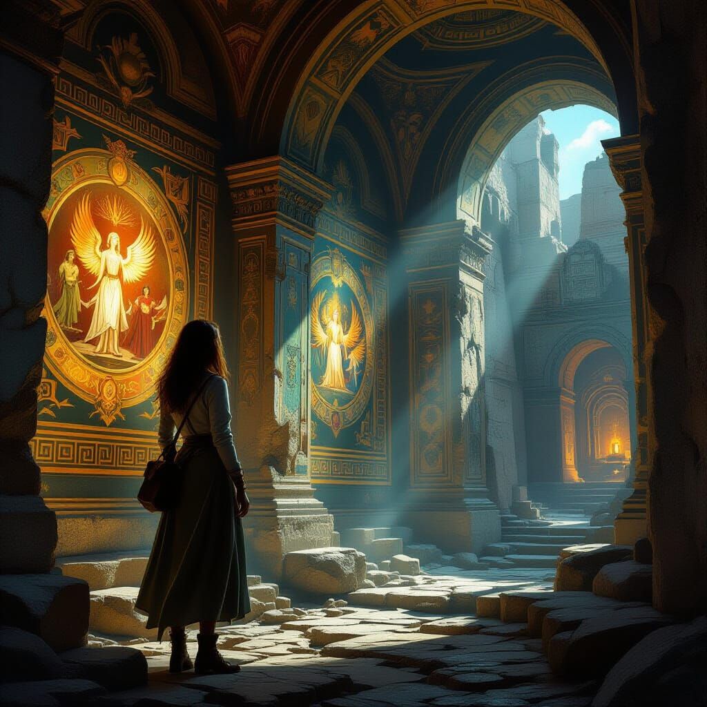 Woman Awestruck in Ancient Chamber with Magic Frescoes