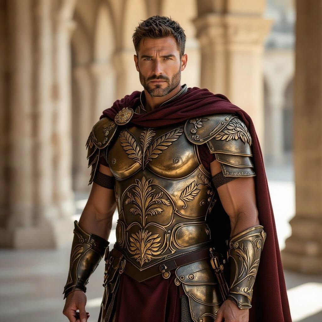 Heroic Warrior in Bronze Armor in Classical Colonnade