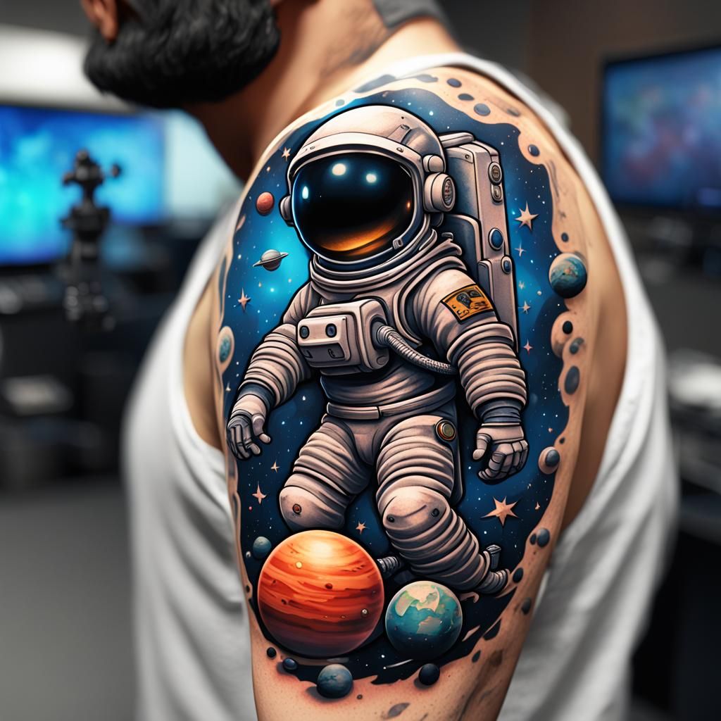 Cartoon Astronaut Tattoo in 3D Cinematic Style