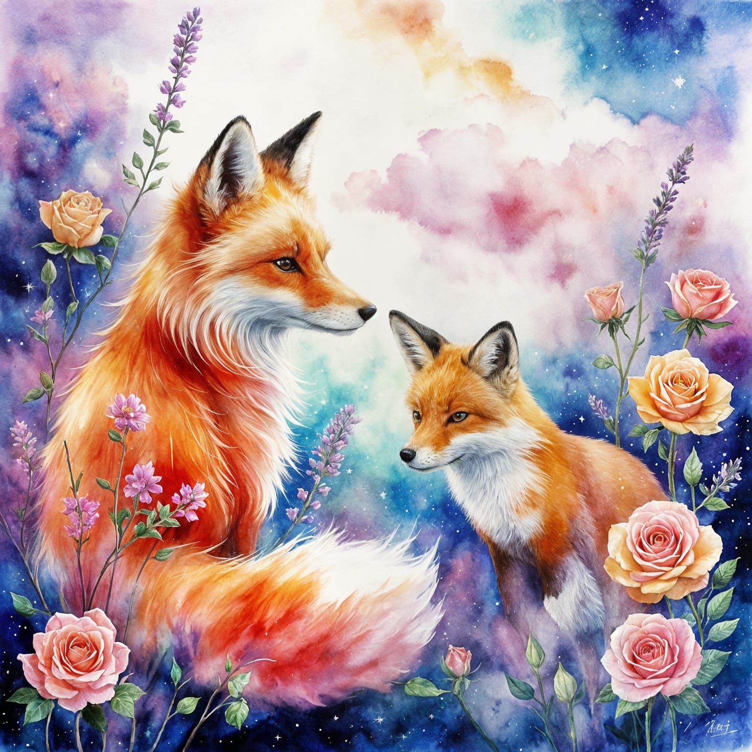 Magical Watercolor Scene: Boy, Fox, and Blooming Roses