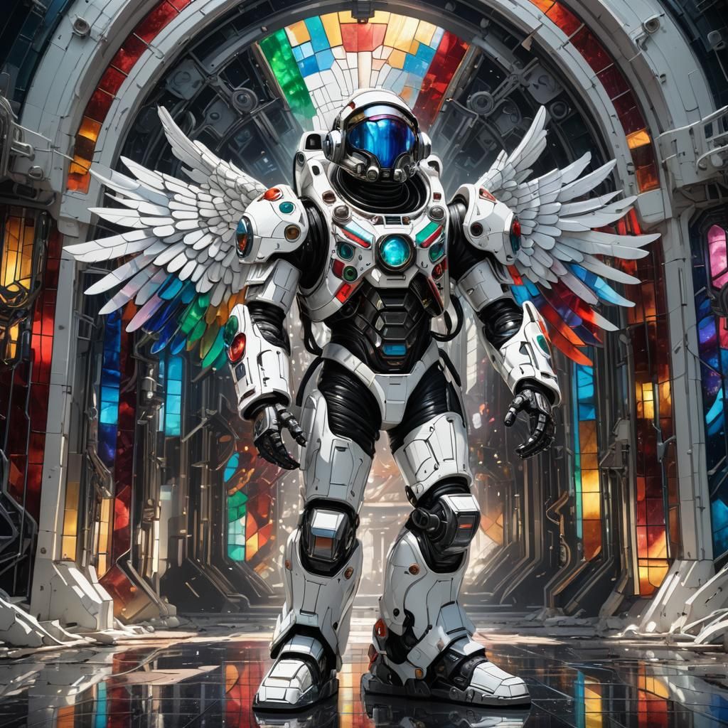 Biomechanical Astronaut with Stained Glass Wings in Cyberpun...