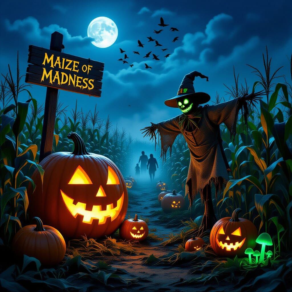 Haunting Pumpkin Patch with Glowing Gourds and Skeletal Scar...