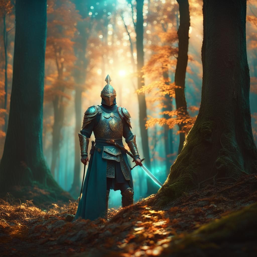 Noble Warrior in Mystical Forest: Matte Painting