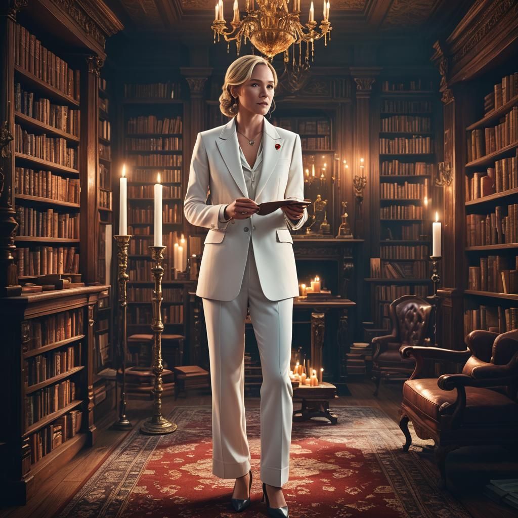 Woman Lighting Candle in Old-Fashioned Library