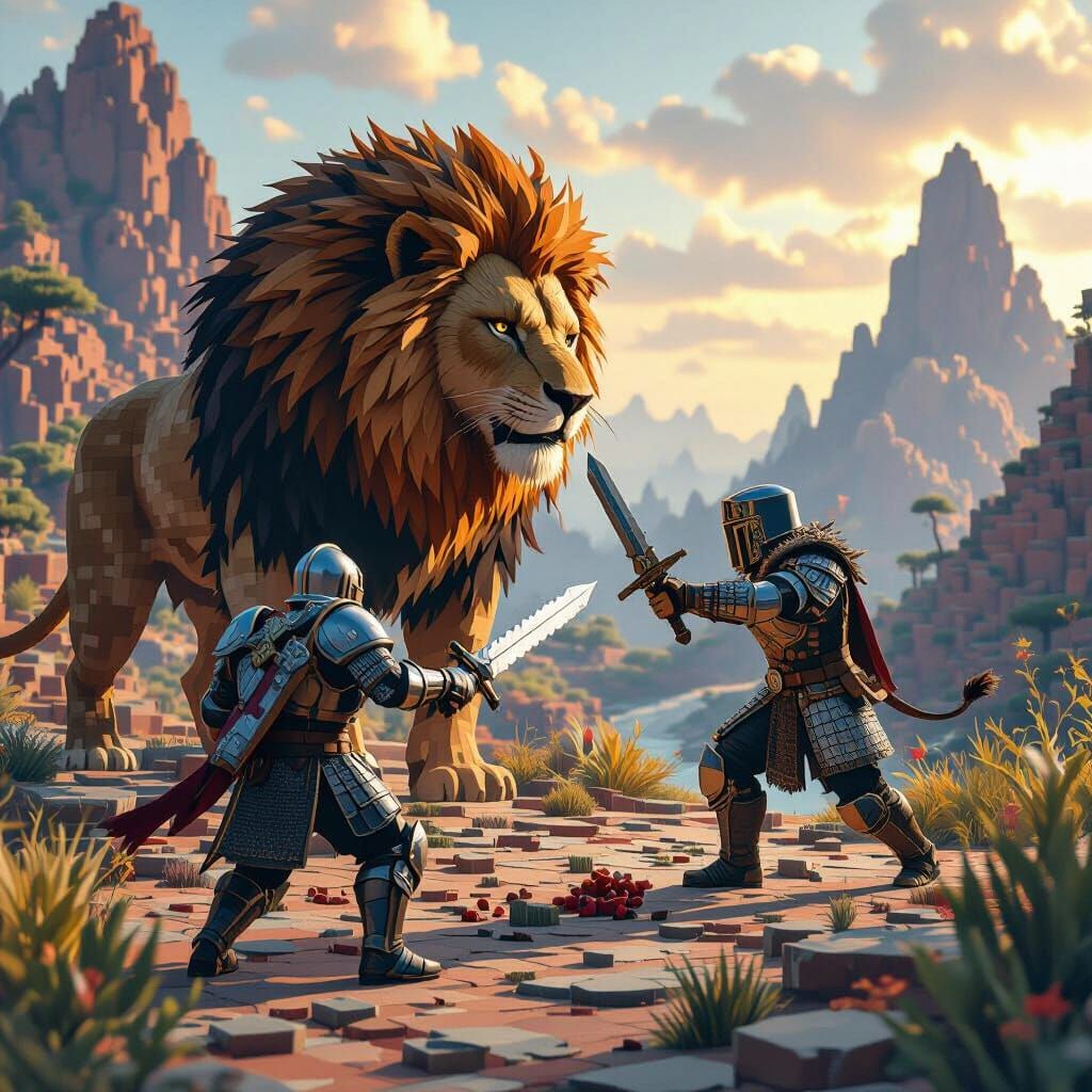 Victorious Lion in Minecraft Battle Scene