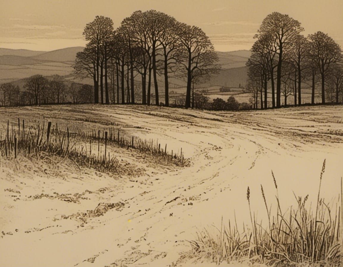 Woodblock Print Landscape with Tree