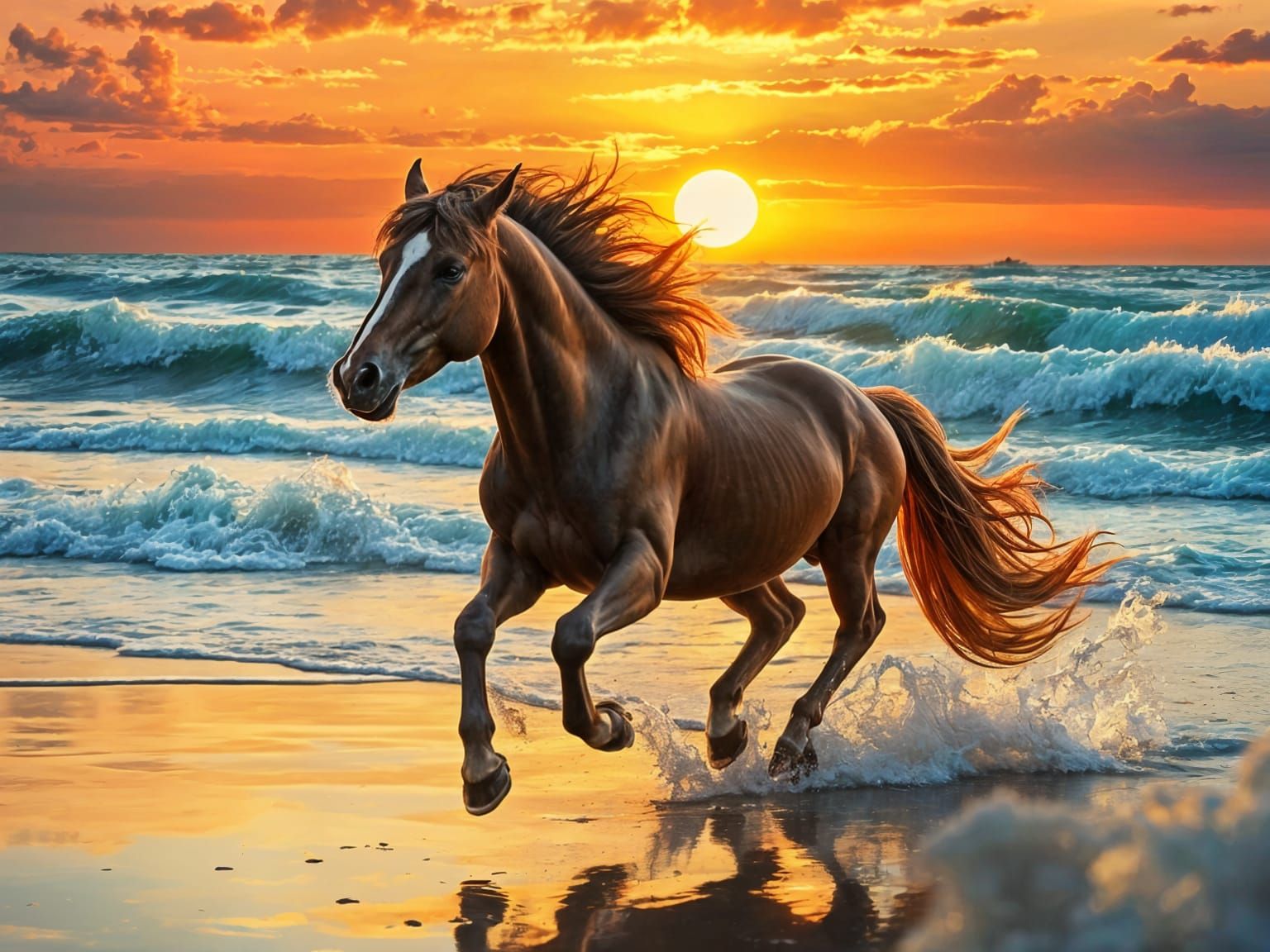 Mustang Gallops into Sunset on Beach
