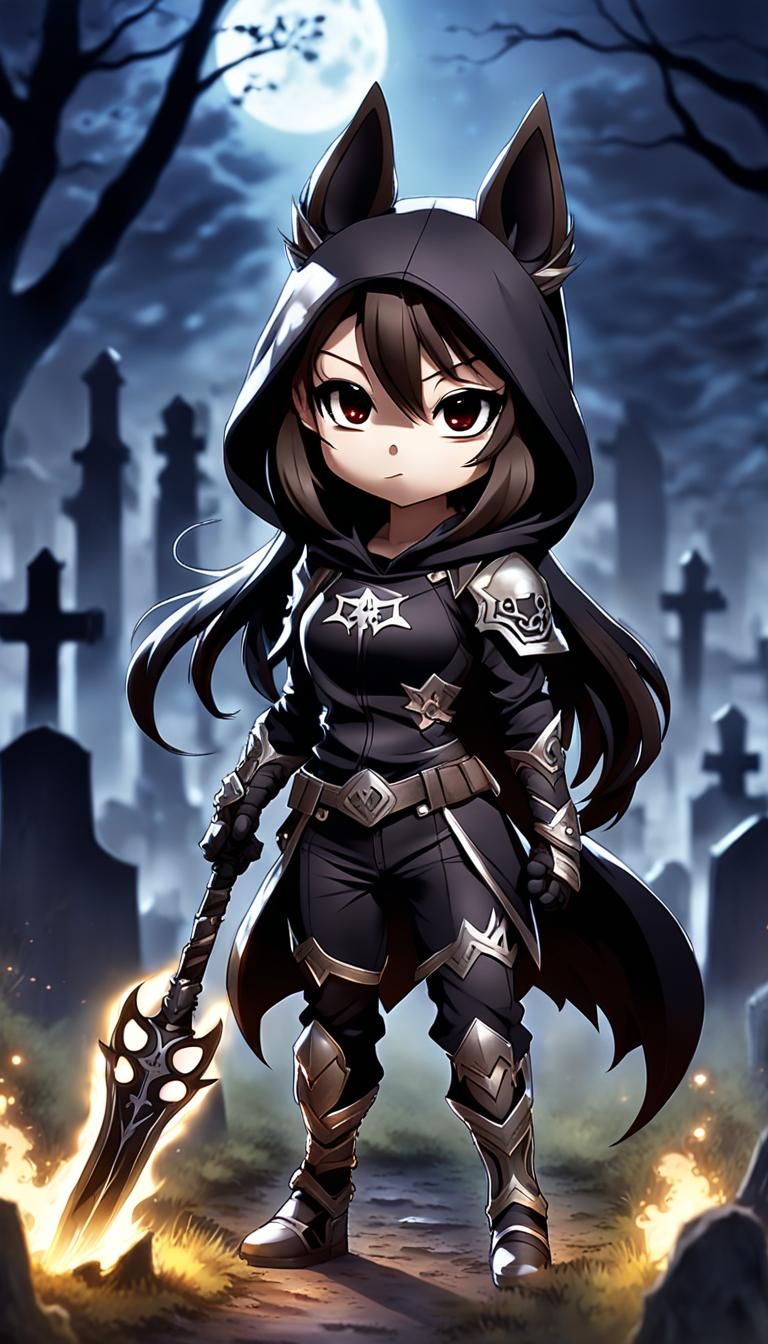 Chibi Warrior Girl in Dog Suit with Magic Staff