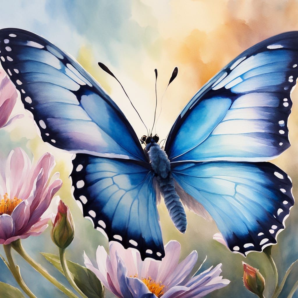 Delicate Blue Butterfly in Whimsical Watercolour