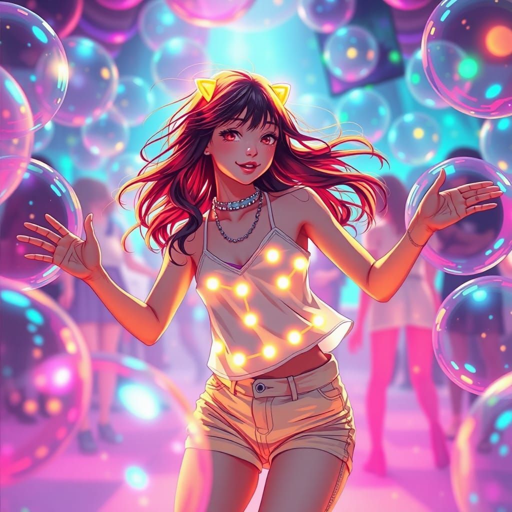Energetic Woman Dancing in a Rave Bubble Room
