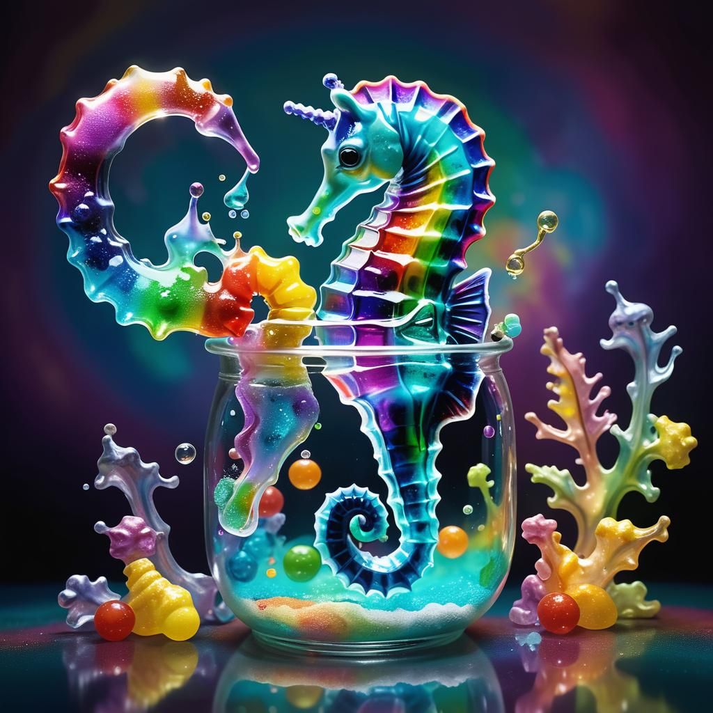 Seahorse Eats Gumdrops in Rainbow Vial, Surreal Oil Painting