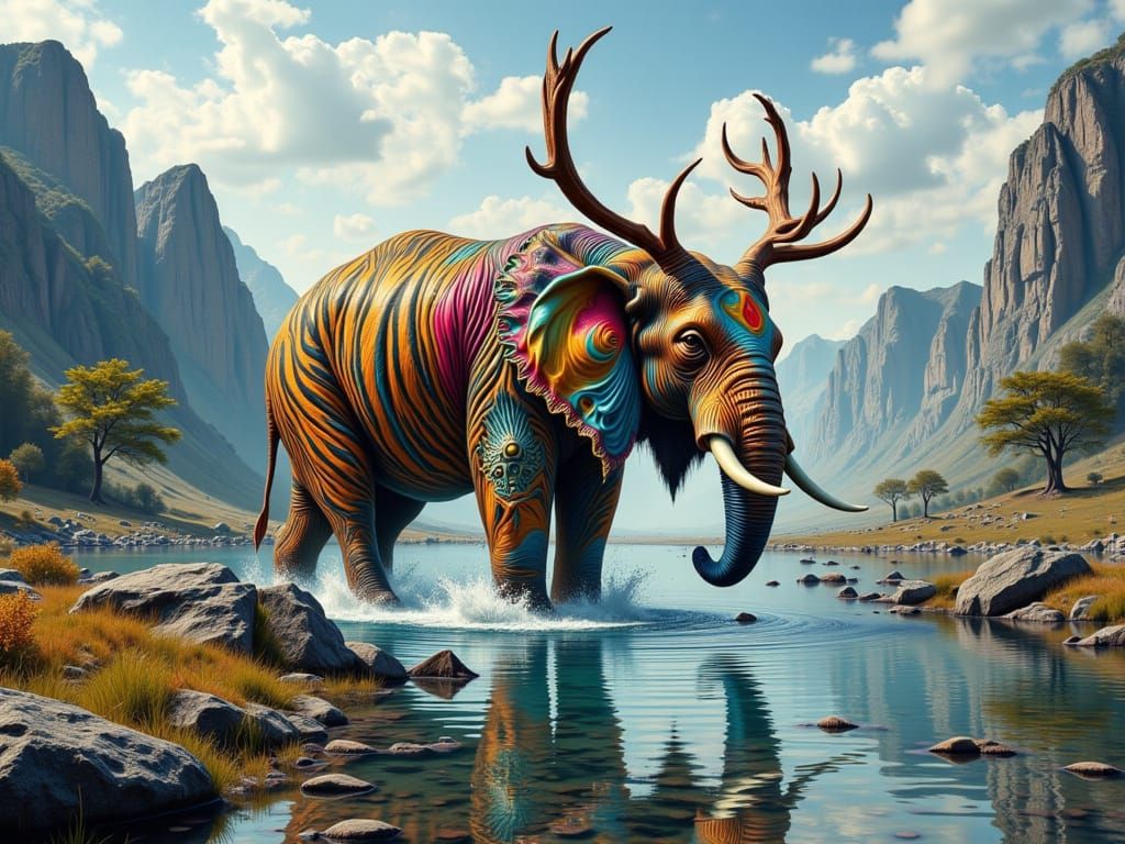 Majestic Hybrid Creature Drinks from Pristine Lake