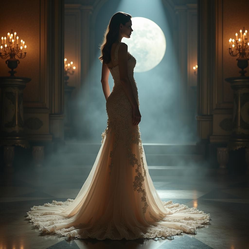 Elegant Silk Gown: High Fashion in a Lavish Hall